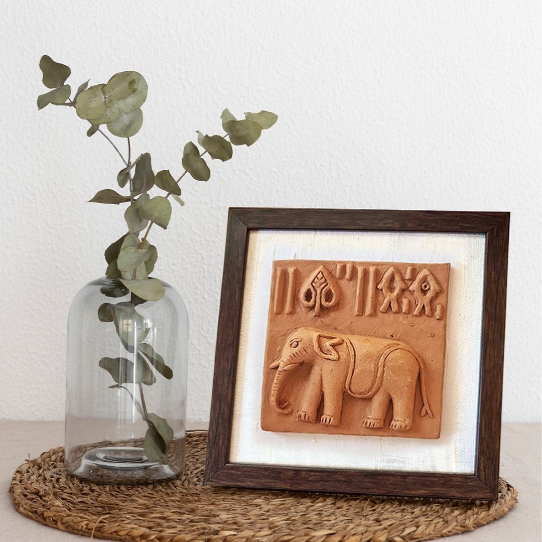 Terracotta Wall Hanging Replica of the Elephant Seal from the Harappa period with a Frame 8x8 inches with frame