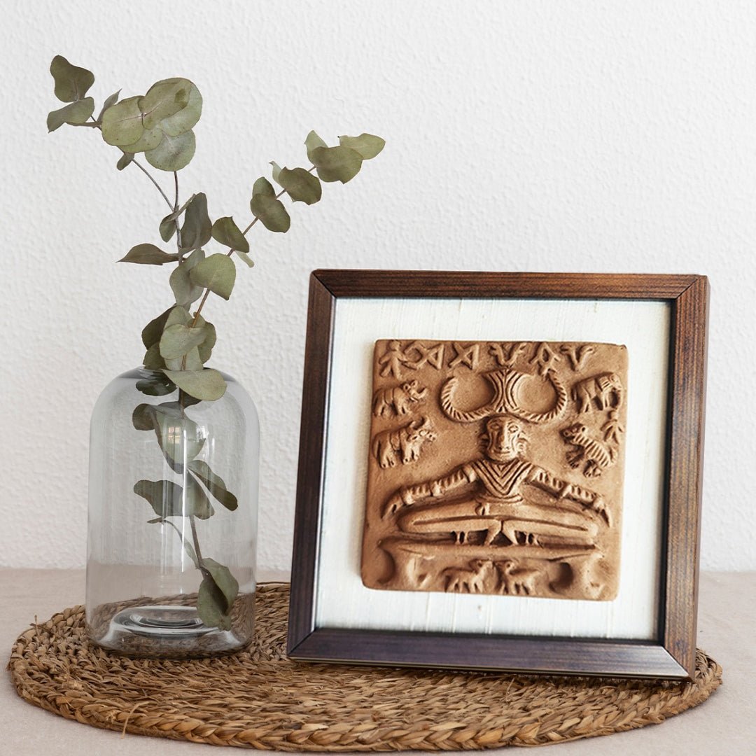 Terracotta wall hanging replica of Harappan Pashupati Seal with Frame| Length 8 inches| Width 8 inches including frame