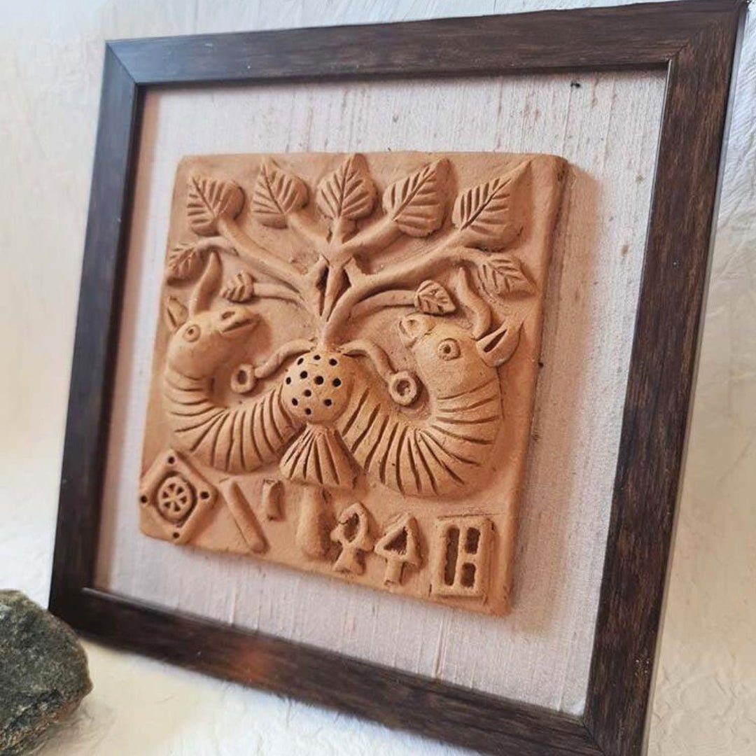 Terracotta wall hanging of Harappan Peepul Tree Seal with Frame Length 8 inches Width 8 inches including frame