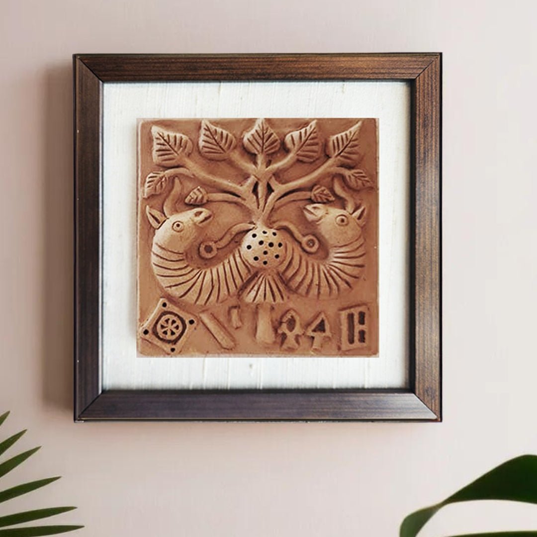 Terracotta wall hanging of Harappan Peepul Tree Seal with Frame Length 8 inches Width 8 inches including frame
