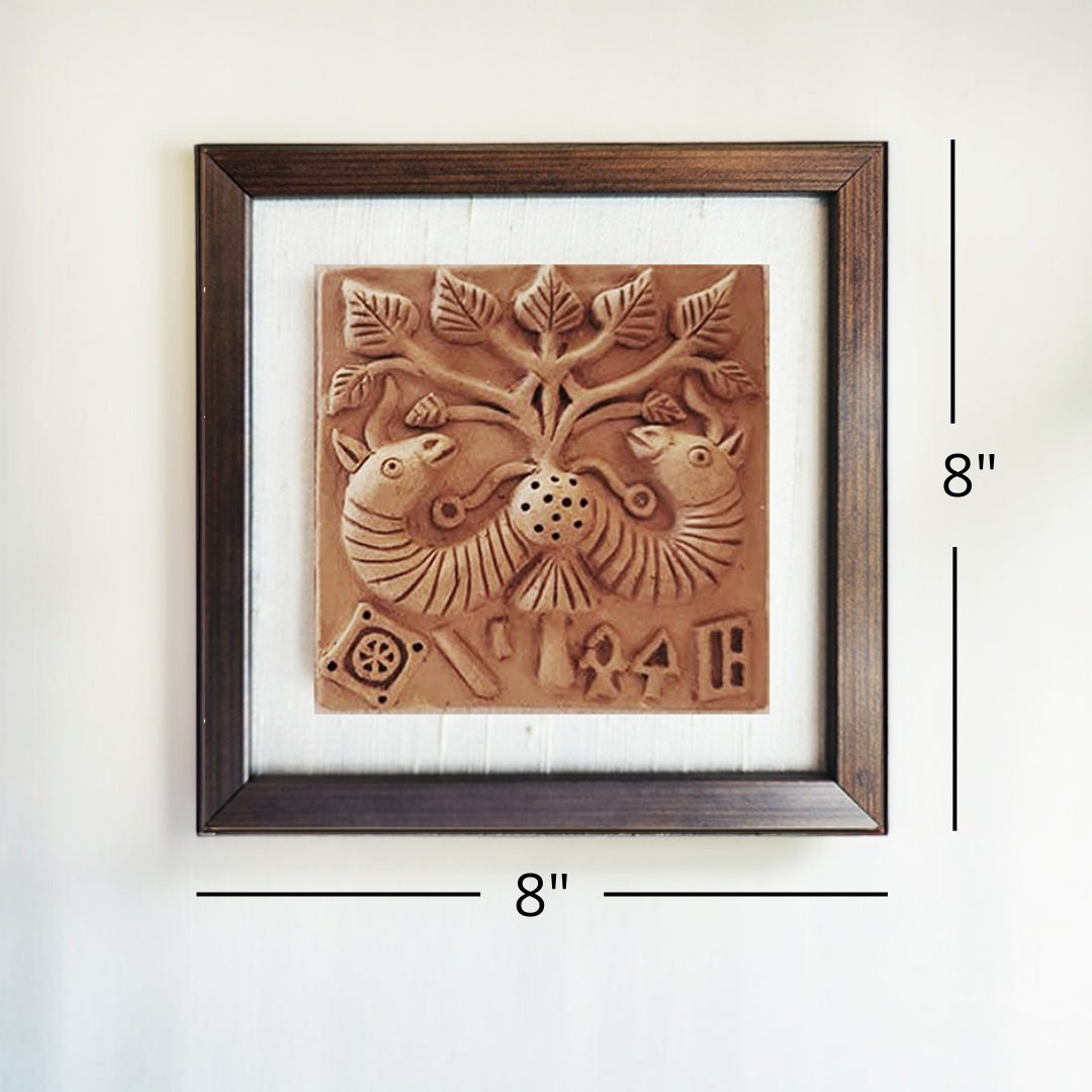 Terracotta wall hanging of Harappan Peepul Tree Seal with Frame Length 8 inches Width 8 inches including frame