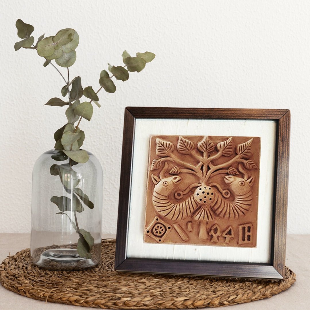 Terracotta wall hanging of Harappan Peepul Tree Seal with Frame Length 8 inches Width 8 inches including frame