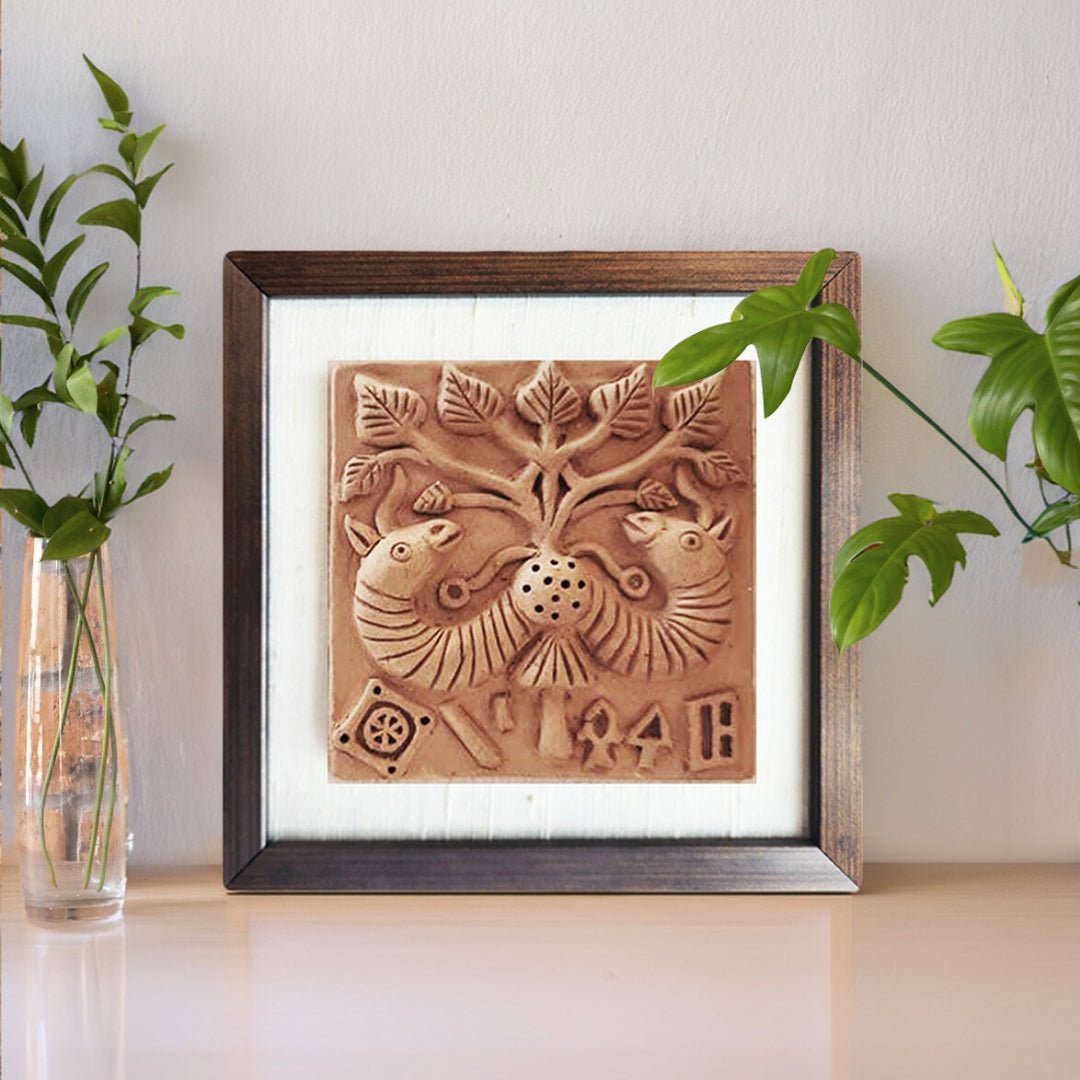 Terracotta wall hanging of Harappan Peepul Tree Seal with Frame Length 8 inches Width 8 inches including frame