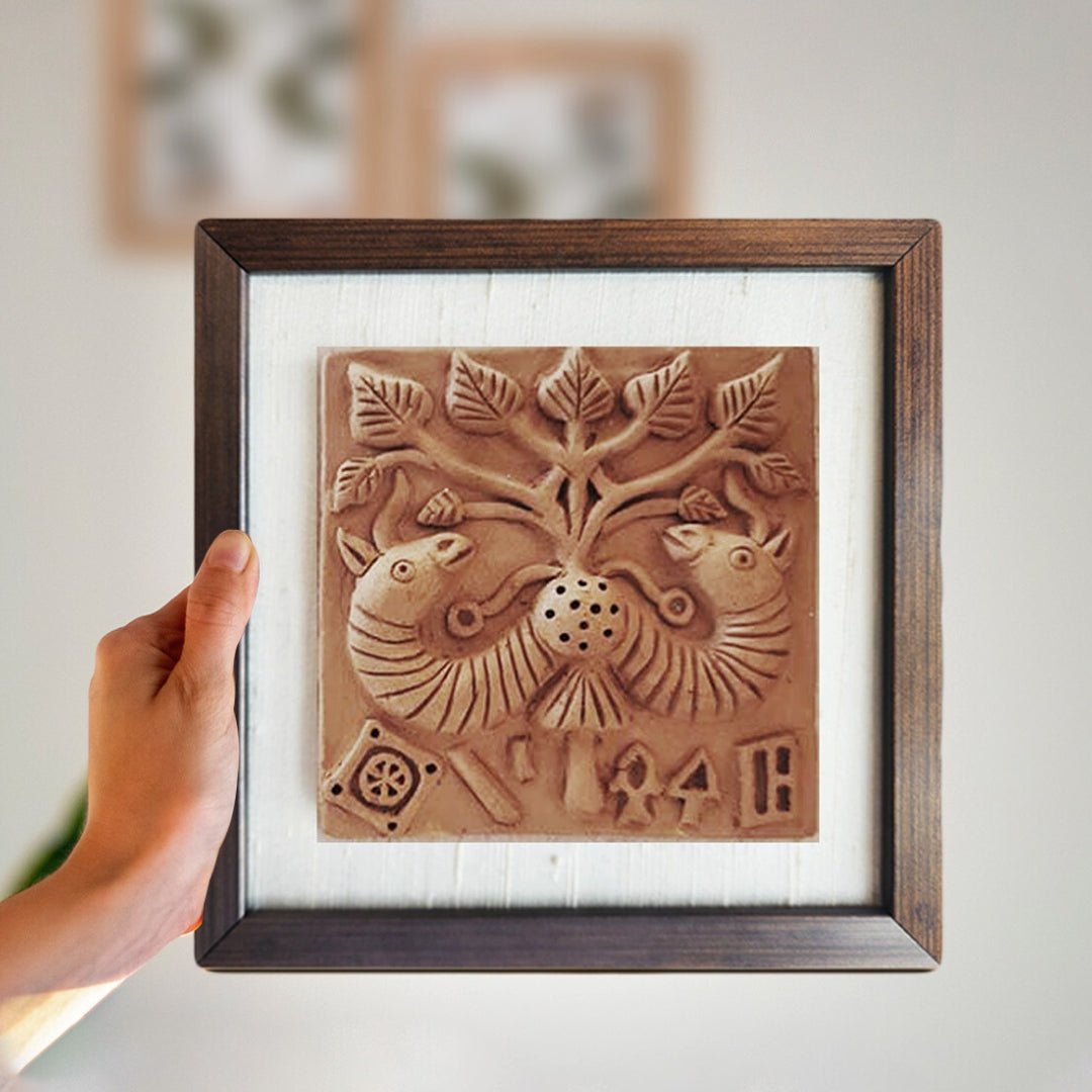 Terracotta wall hanging of Harappan Peepul Tree Seal with Frame Length 8 inches Width 8 inches including frame