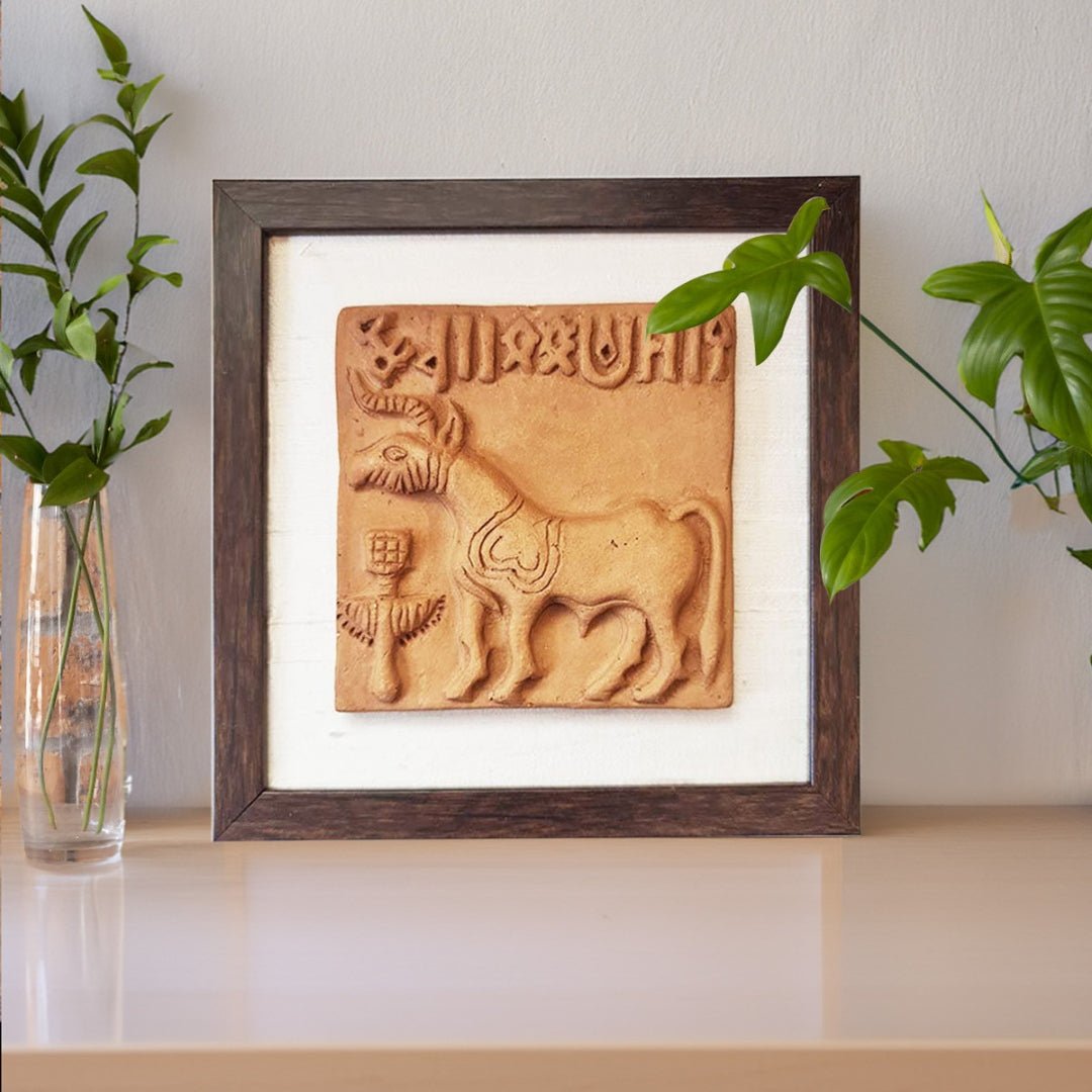 Terracotta Wall Hanging Replica of the Unicorn Seal from the Harappa period with a Frame 8x8 inches with frame