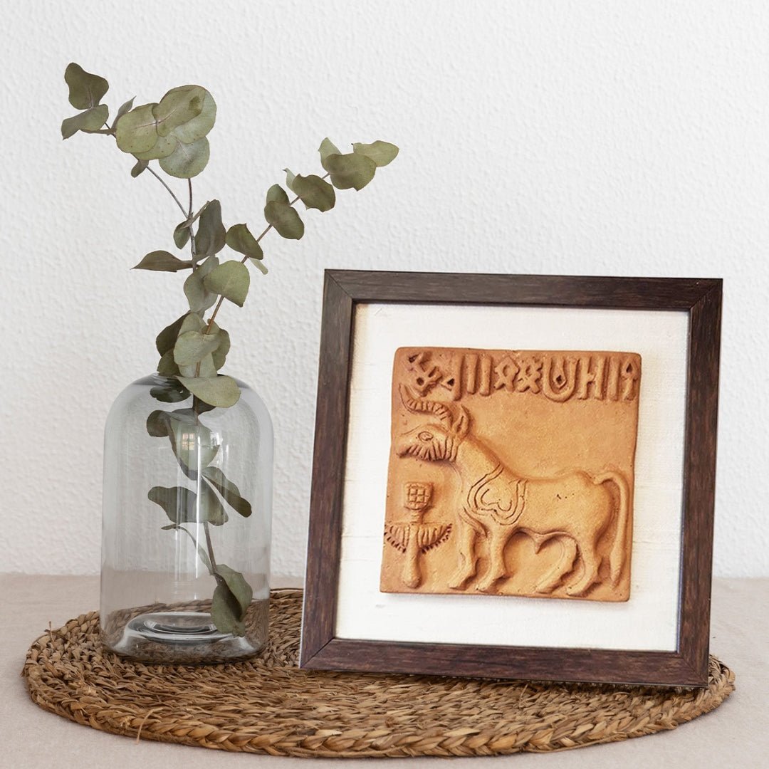 Terracotta Wall Hanging Replica of the Unicorn Seal from the Harappa period with a Frame 8x8 inches with frame