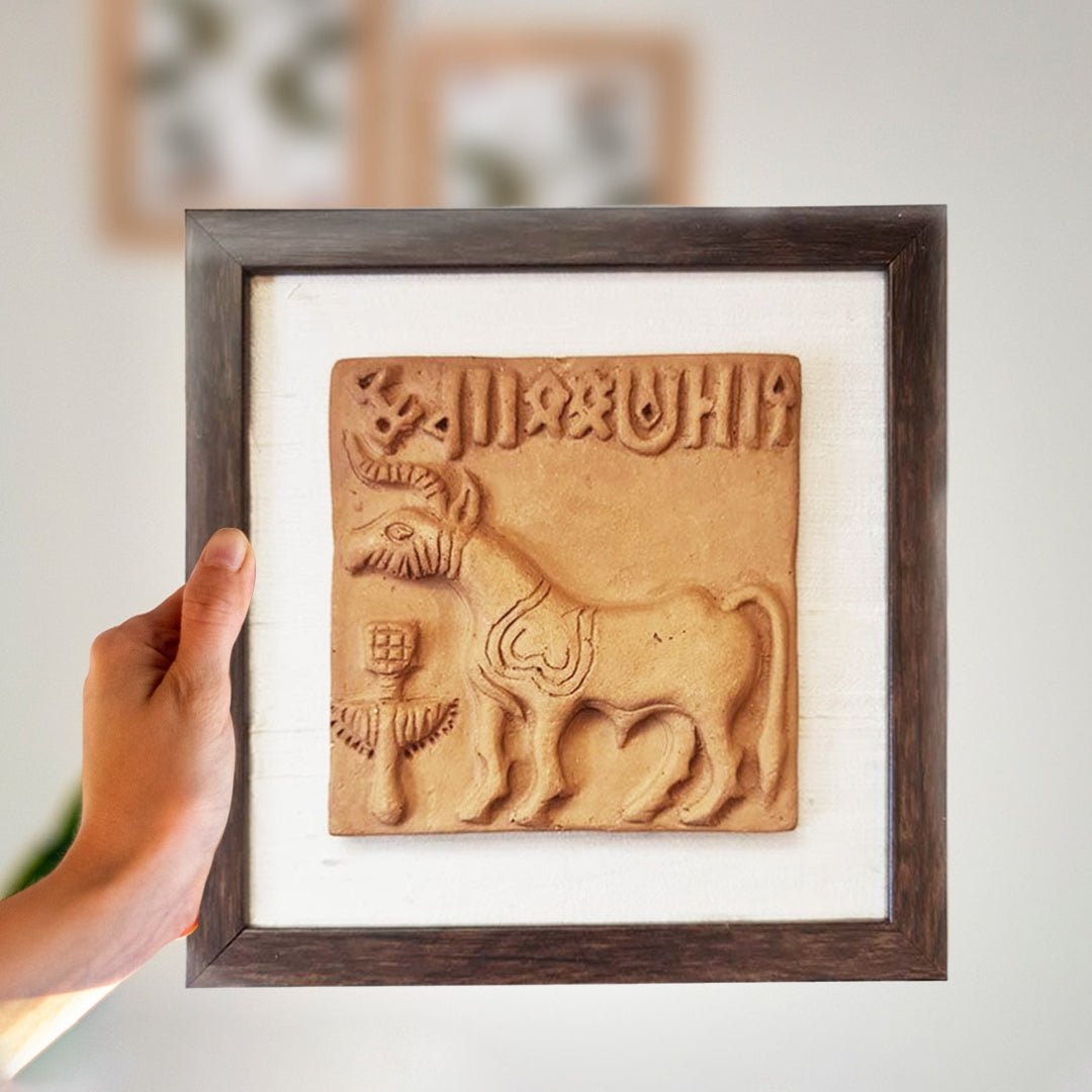Terracotta Wall Hanging Replica of the Unicorn Seal from the Harappa period with a Frame 8x8 inches with frame