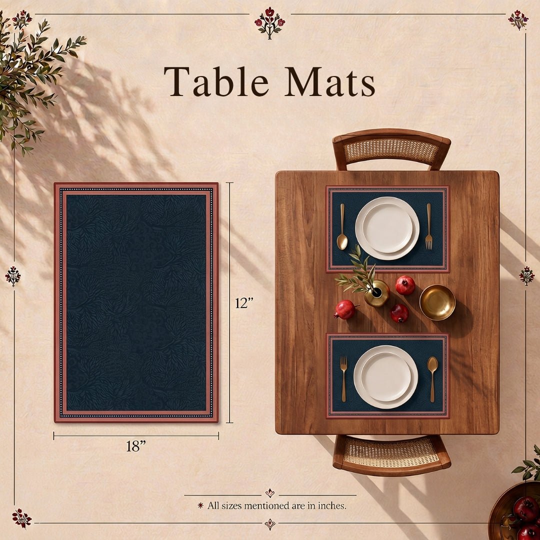Velvet Table Runner and Mat Set for 6 Seater in Blue and Red | Peepul Tree