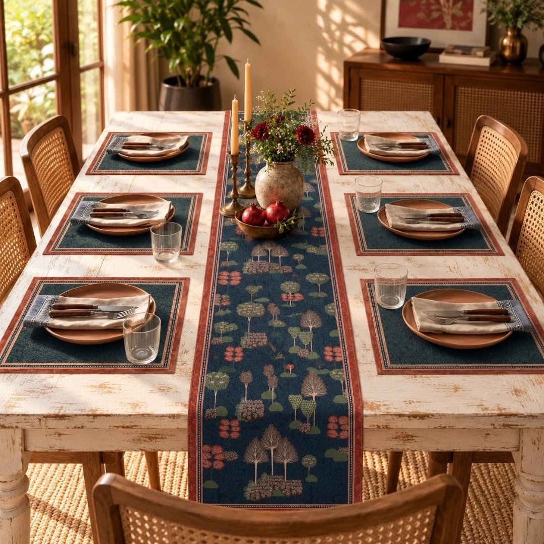 Velvet Table Runner and Mat Set for 6 Seater in Blue and Red | Peepul Tree