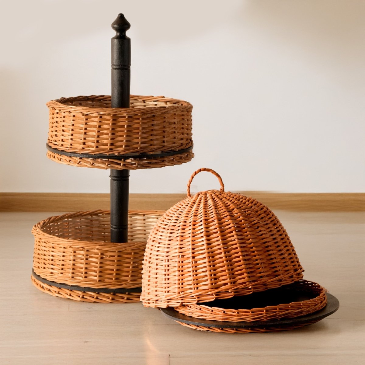 Wicker & Wood Serving Platter With Lid & 2 Tier Collapsable Fruit Basket Combo | Black and Brown | Handcrafted in Kashmir