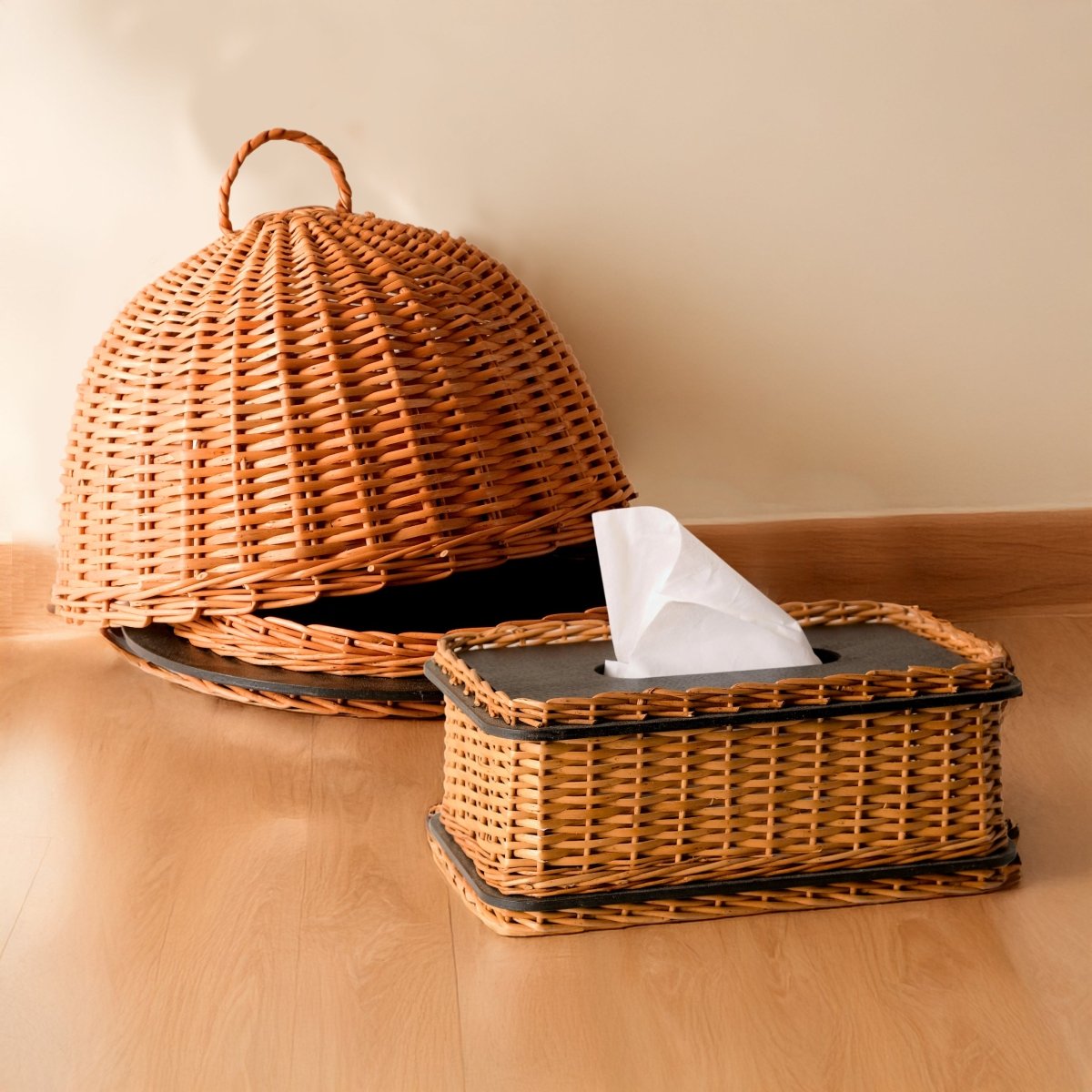 Wicker & Wood Serving Platter With Lid & Tissue Box Combo | Black and Brown | Handcrafted in Kashmir