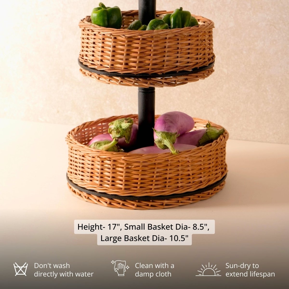 Wicker & Wood Bread Box & 2 Tier Collapsable Fruit Basket Combo | Black and Brown | Handcrafted in Kashmir