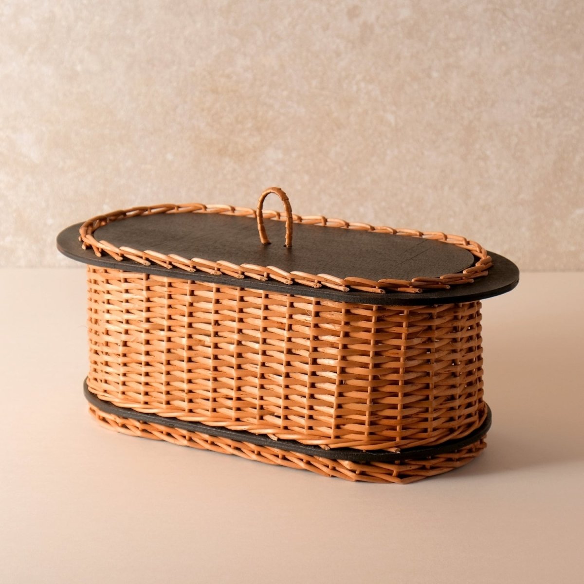 Wicker & Wood Bread Box, Serving Tray & Cutlery Holder Combo | Black and Brown | Handcrafted in Kashmir