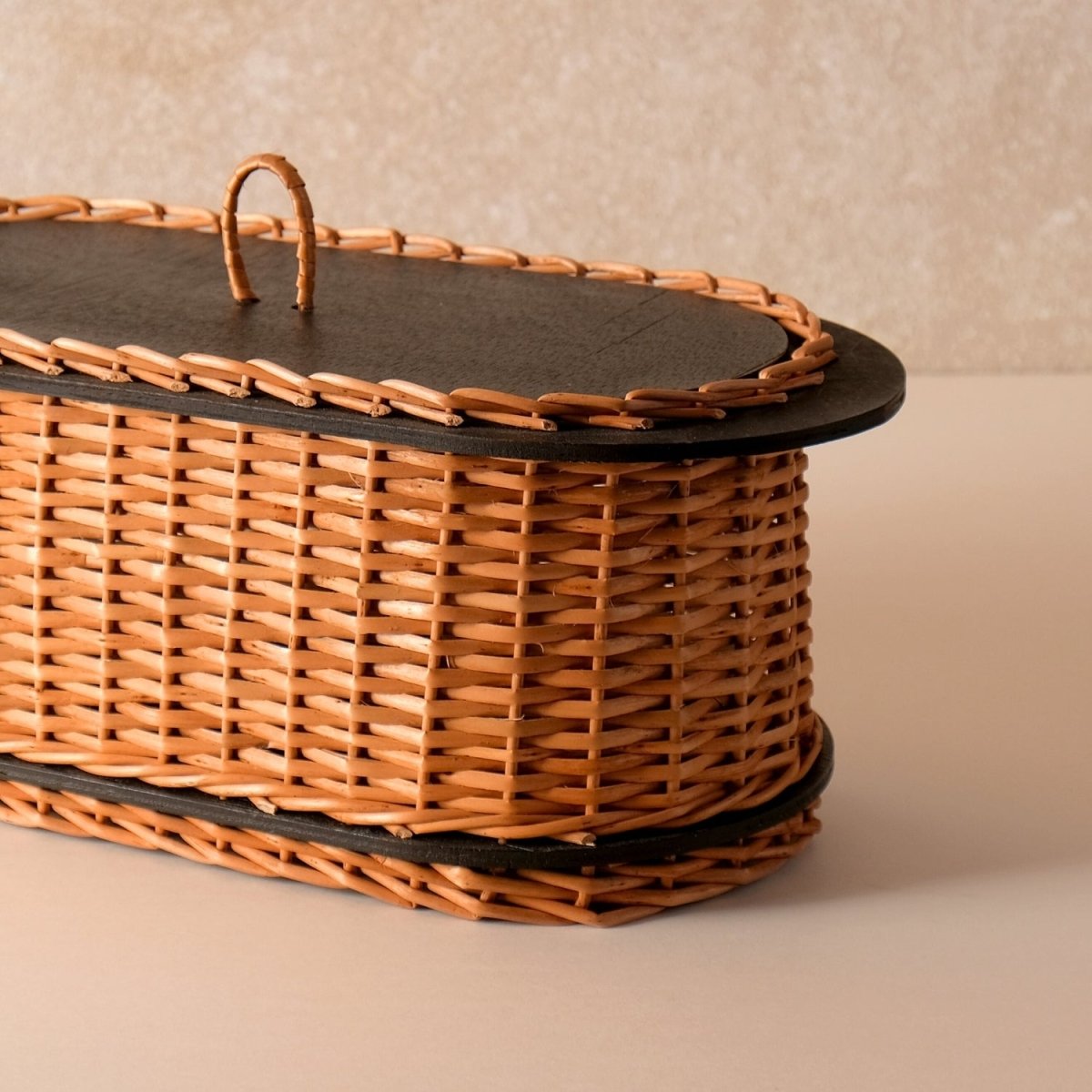 Wicker & Wood Bread Box & Serving Tray Combo | Black and Brown | Handcrafted in Kashmir