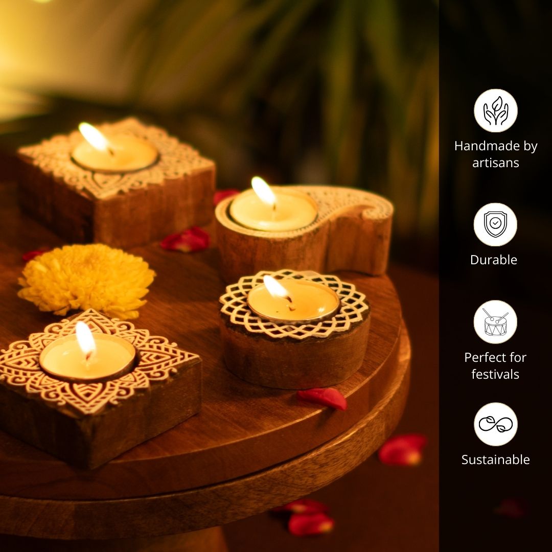 Hand-engraved mango wood diya set with tea lights in white and brown, set of 6, ideal for festive home décor and gifting.