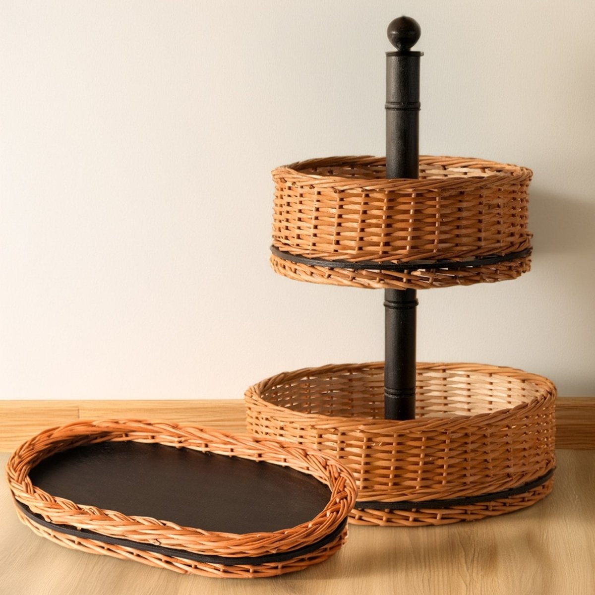 Wicker & Wood Fruit Basket With 2 Tiers & Serving Tray Combo| Black and Brown | Handcrafted in Kashmir