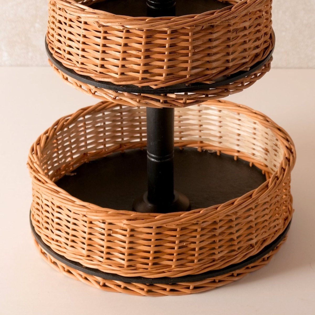 Wicker & Wood Fruit Basket With 2 Tiers & Tissue Box Combo| Black and Brown | Handcrafted in Kashmir