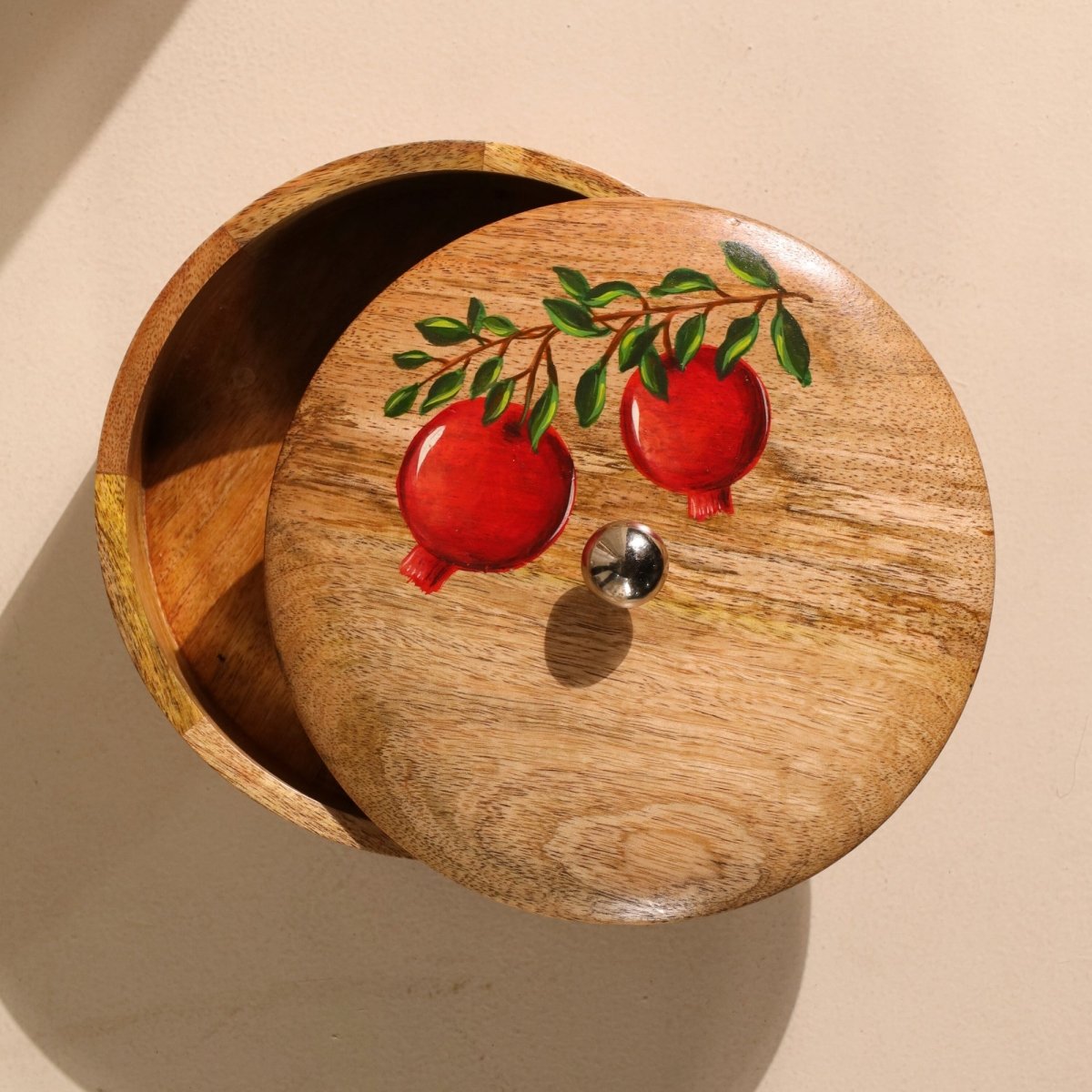 Wooden Roti Box Handpainted with Anar design Mango Wood 2.5" x 8"