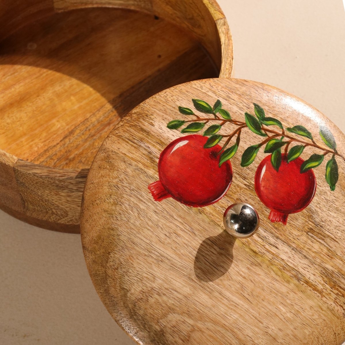 Wooden Roti Box Handpainted with Anar design Mango Wood 2.5" x 8"