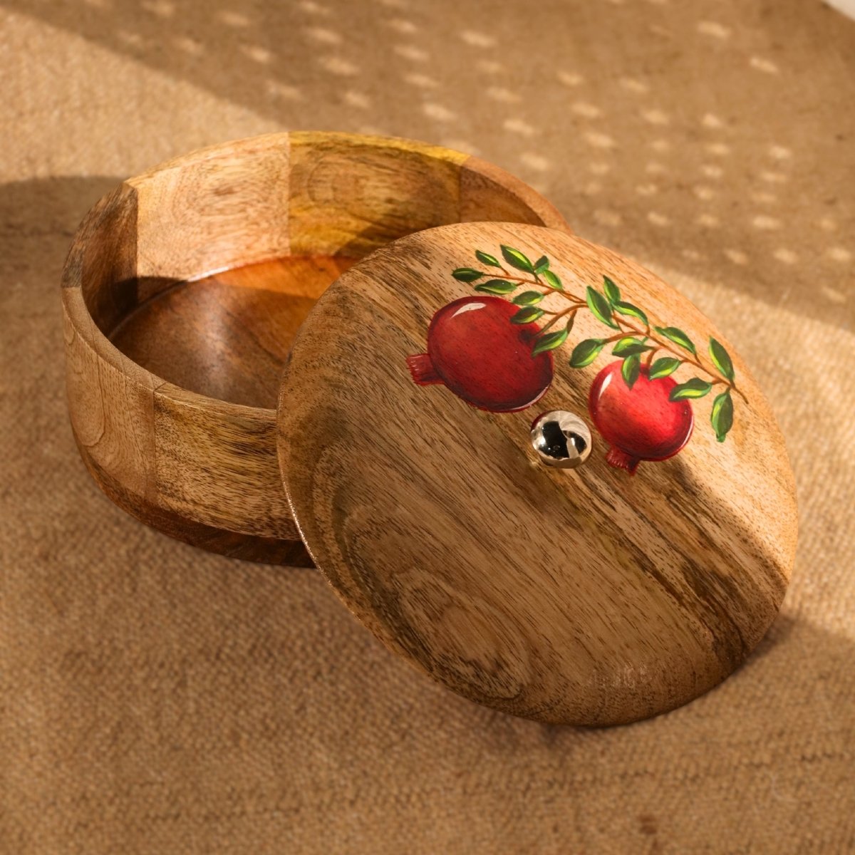Wooden Roti Box Handpainted with Anar design Mango Wood 2.5" x 8"