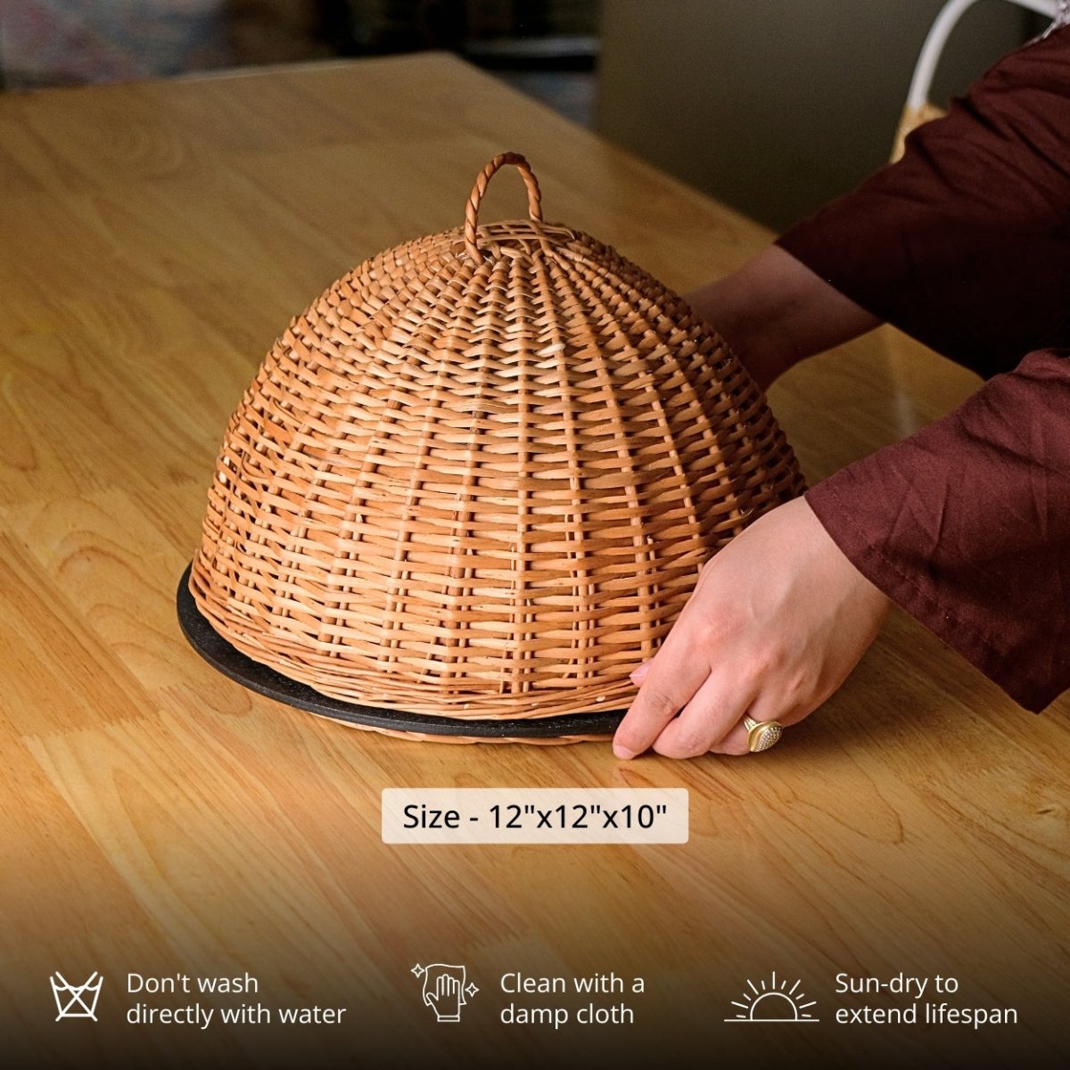 Wicker & Wood Serving Platter With Lid & 2 Tier Collapsable Fruit Basket Combo | Black and Brown | Handcrafted in Kashmir