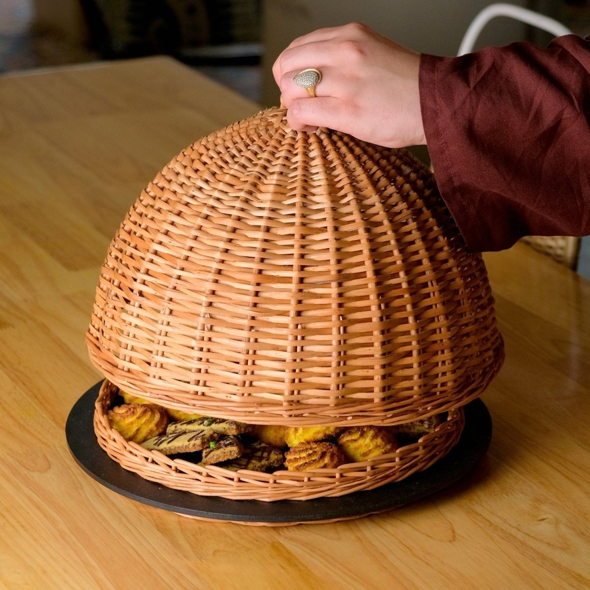 Wicker & Wood Serving Platter With Lid & Bread Box Combo | Black and Brown | Handcrafted in Kashmir