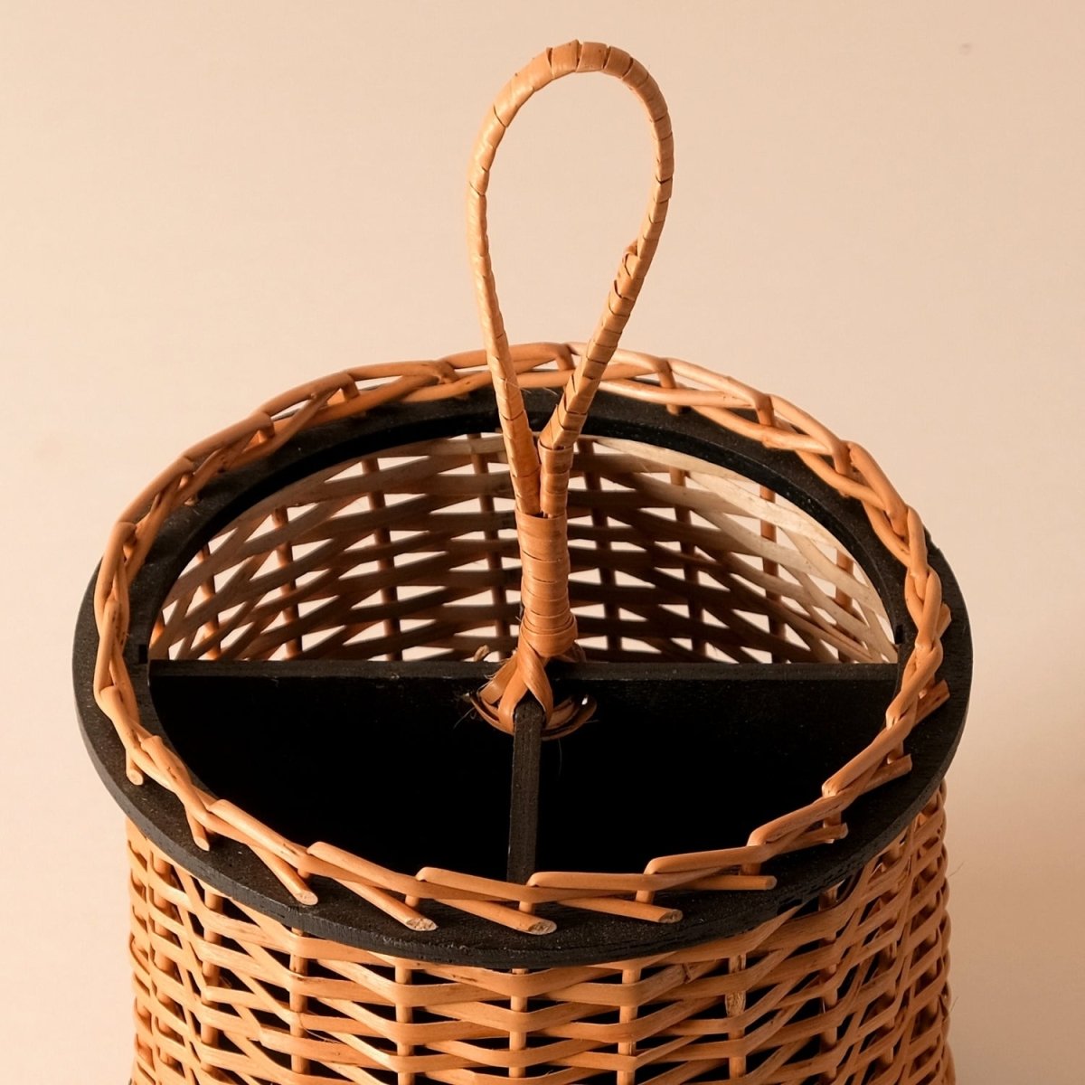 Wicker & Wood Serving Tray & Cutlery Holder Combo | Black and Brown | Handcrafted in Kashmir
