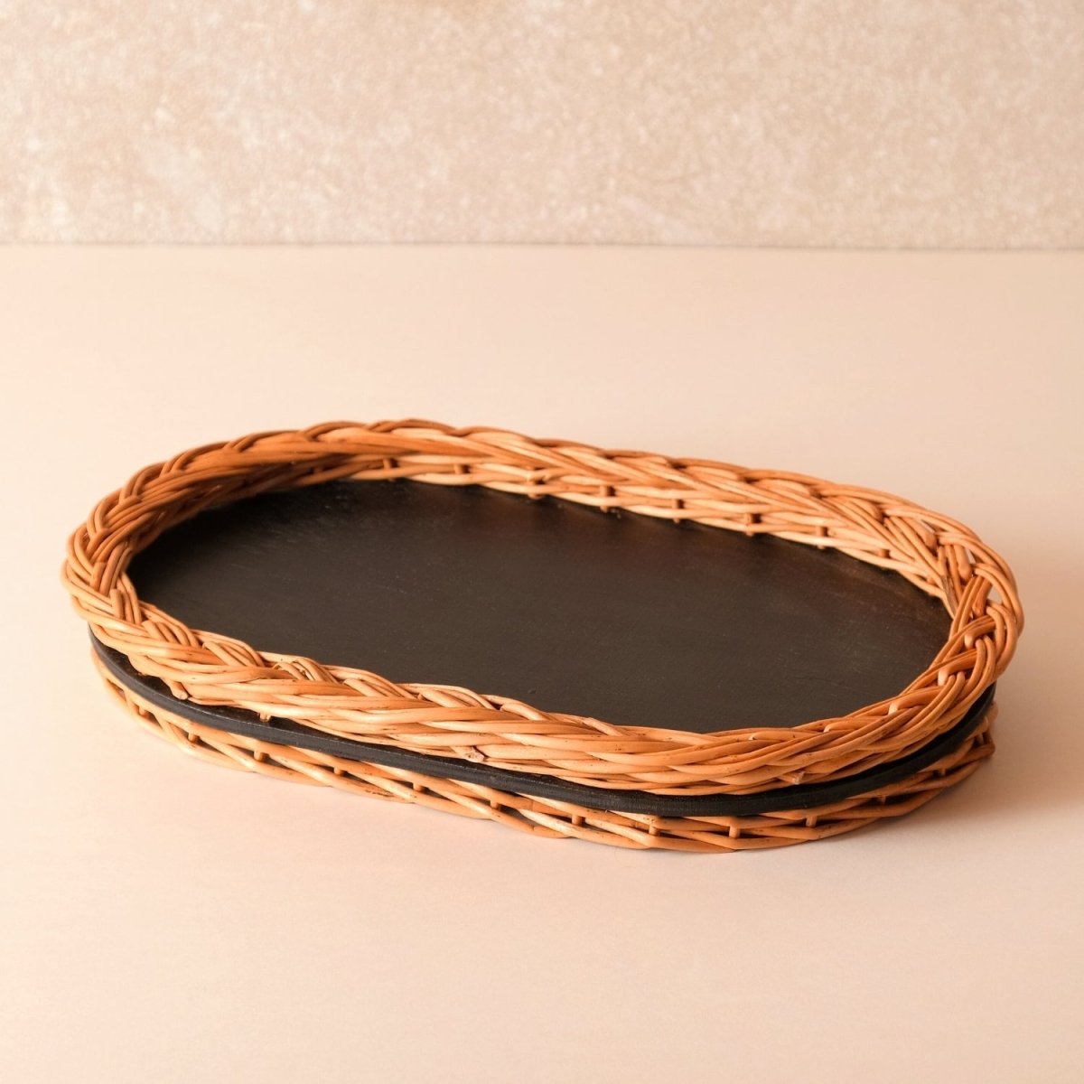 Wicker & Wood Serving Tray & Cutlery Holder Combo | Black and Brown | Handcrafted in Kashmir