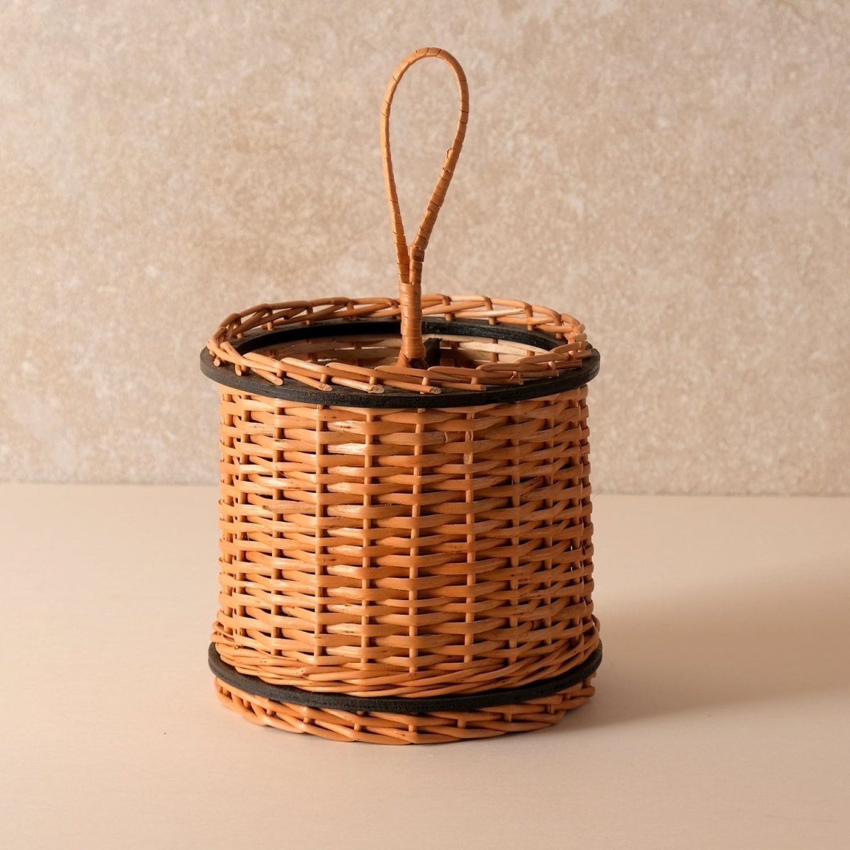 Wicker & Wood Serving Tray, Cutlery Holder & Tissue Box Combo | Black and Brown | Handcrafted in Kashmir
