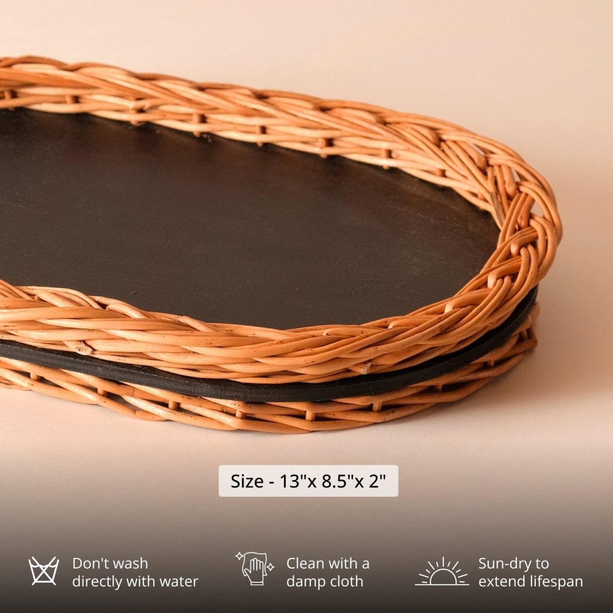 Wicker & Wood Serving Tray | Natural Black and Brown | Handcrafted in Kashmir