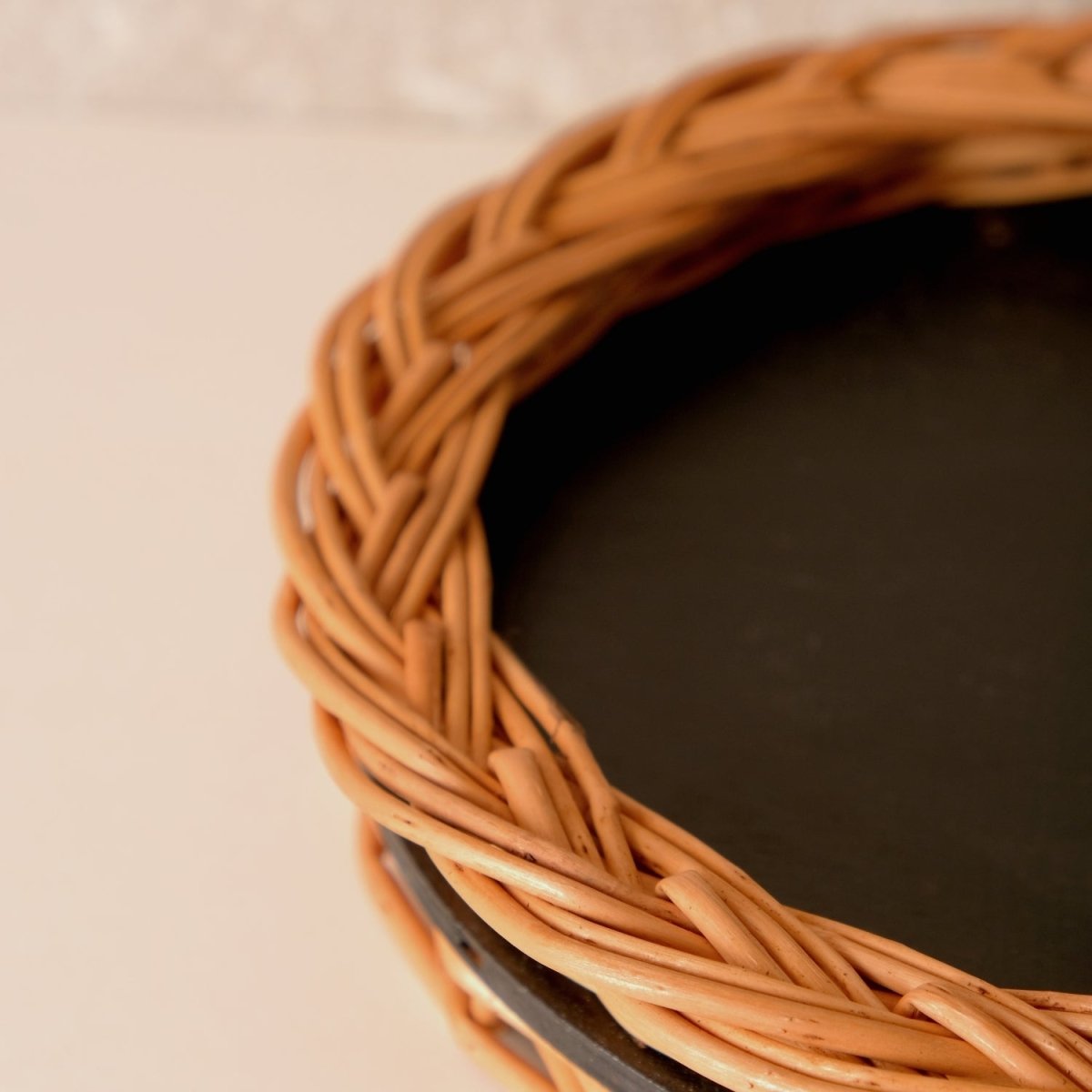 Wicker & Wood Serving Tray | Natural Black and Brown | Handcrafted in Kashmir