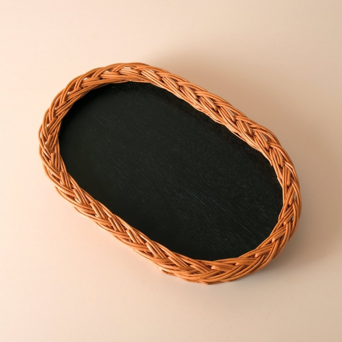 Wicker & Wood Serving Tray | Natural Black and Brown | Handcrafted in Kashmir