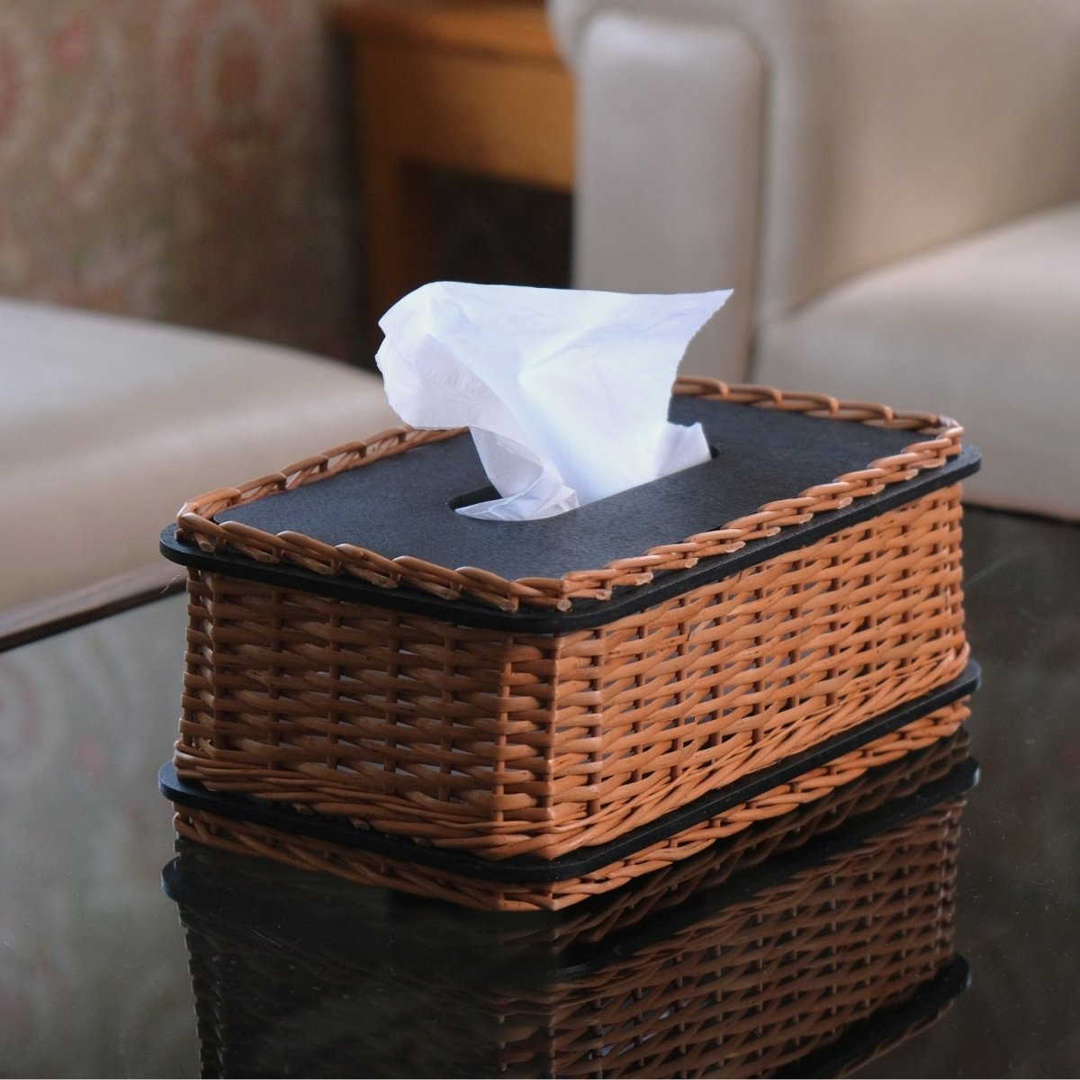 Wicker & Wood Storage Box, Tissue Box & Cutlery Holder Combo | Black and Brown | Handcrafted in Kashmir