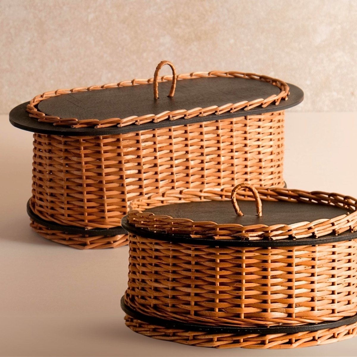 Wicker & Wood Storage Box With Lid & Bread Box Combo | Black and Brown | Handcrafted in Kashmir