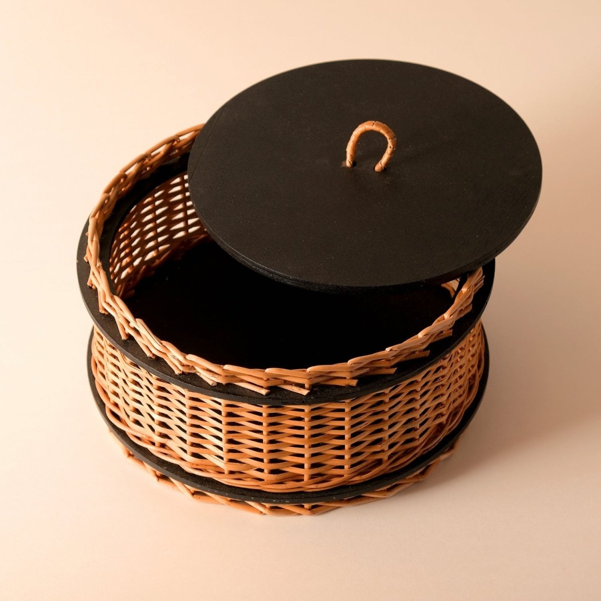 Wicker & Wood Storage Box With Lid & Serving Tray Combo | Black and Brown | Handcrafted in Kashmir