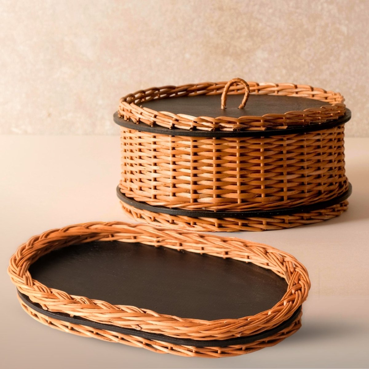 Wicker & Wood Storage Box With Lid & Serving Tray Combo | Black and Brown | Handcrafted in Kashmir