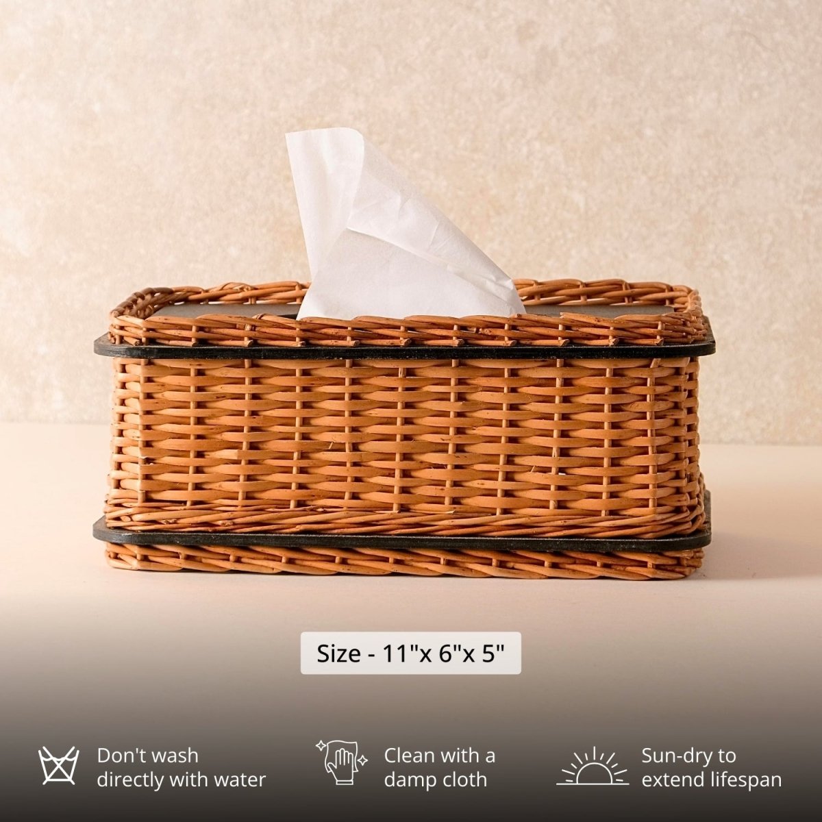 Wicker & Wood Tissue Box & Cutlery Holder Combo | Black and Brown | Handcrafted in Kashmir