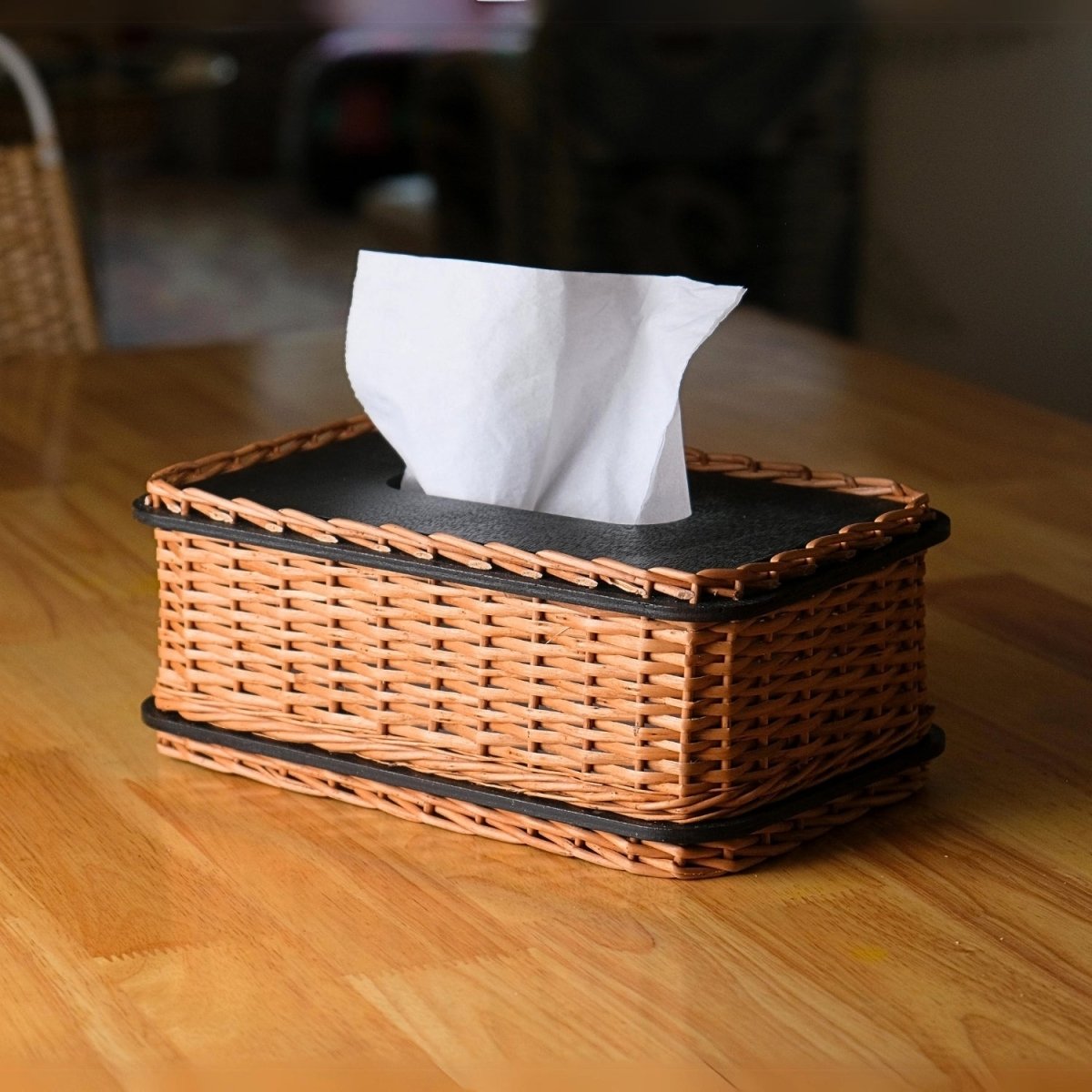Wicker & Wood Tissue Box | Natural Black and Brown | Handcrafted in Kashmir