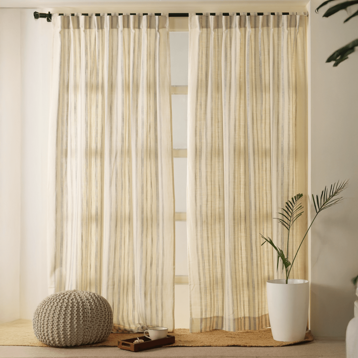 Pure Cotton Curtains in off white and charcoal colours with Double Stripes, available in 7ft pack of 1 and 2