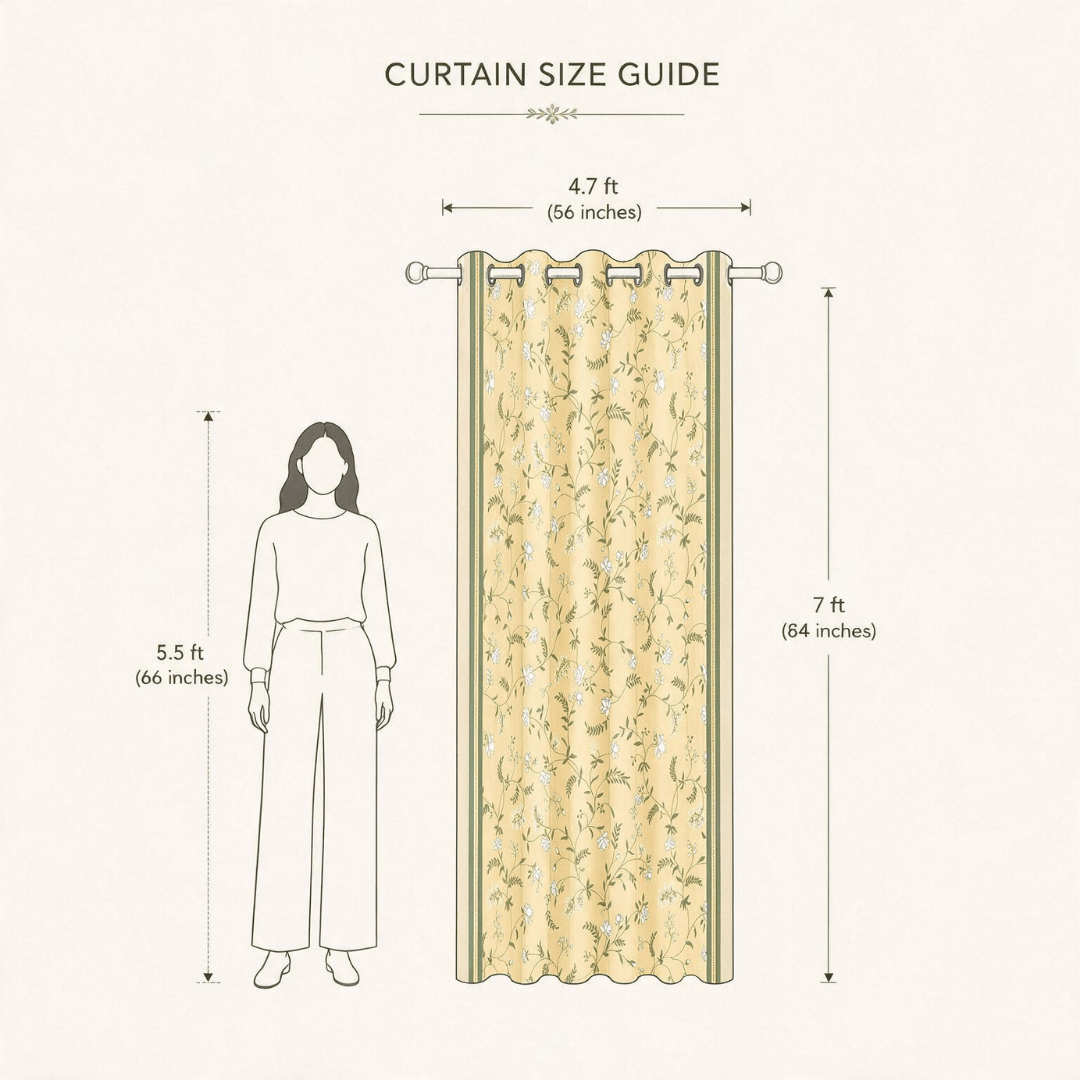 Yellow and White Mogra Floral Curtains in 7 Feet | 60 - 65% Room Darkening | Cotton Blend | Machine Washable