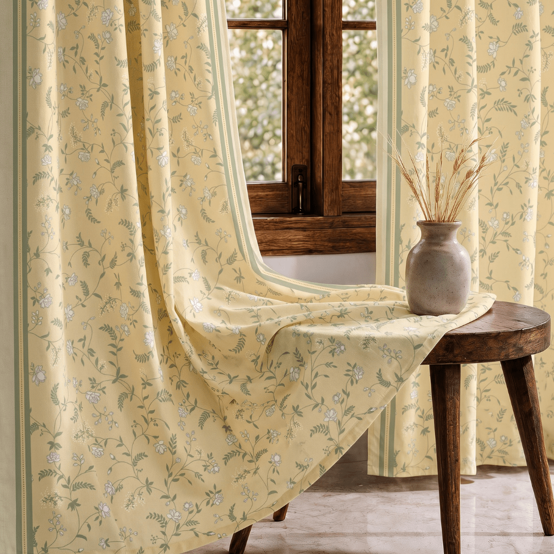 Yellow and White Mogra Floral Curtains in 7 Feet | 60 - 65% Room Darkening | Cotton Blend | Machine Washable