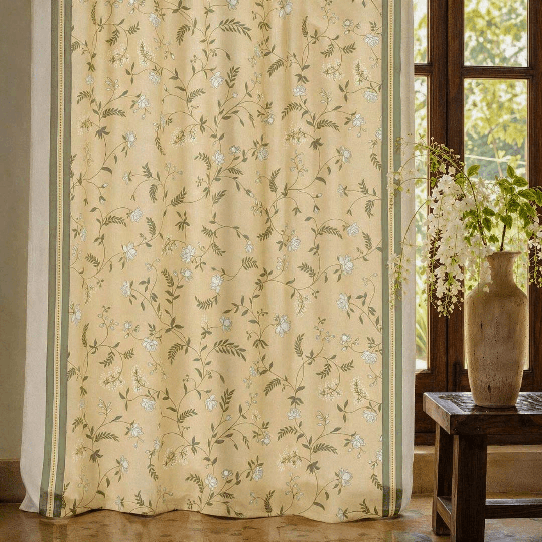 Yellow and White Mogra Floral Curtains in 7 Feet | 60 - 65% Room Darkening | Cotton Blend | Machine Washable