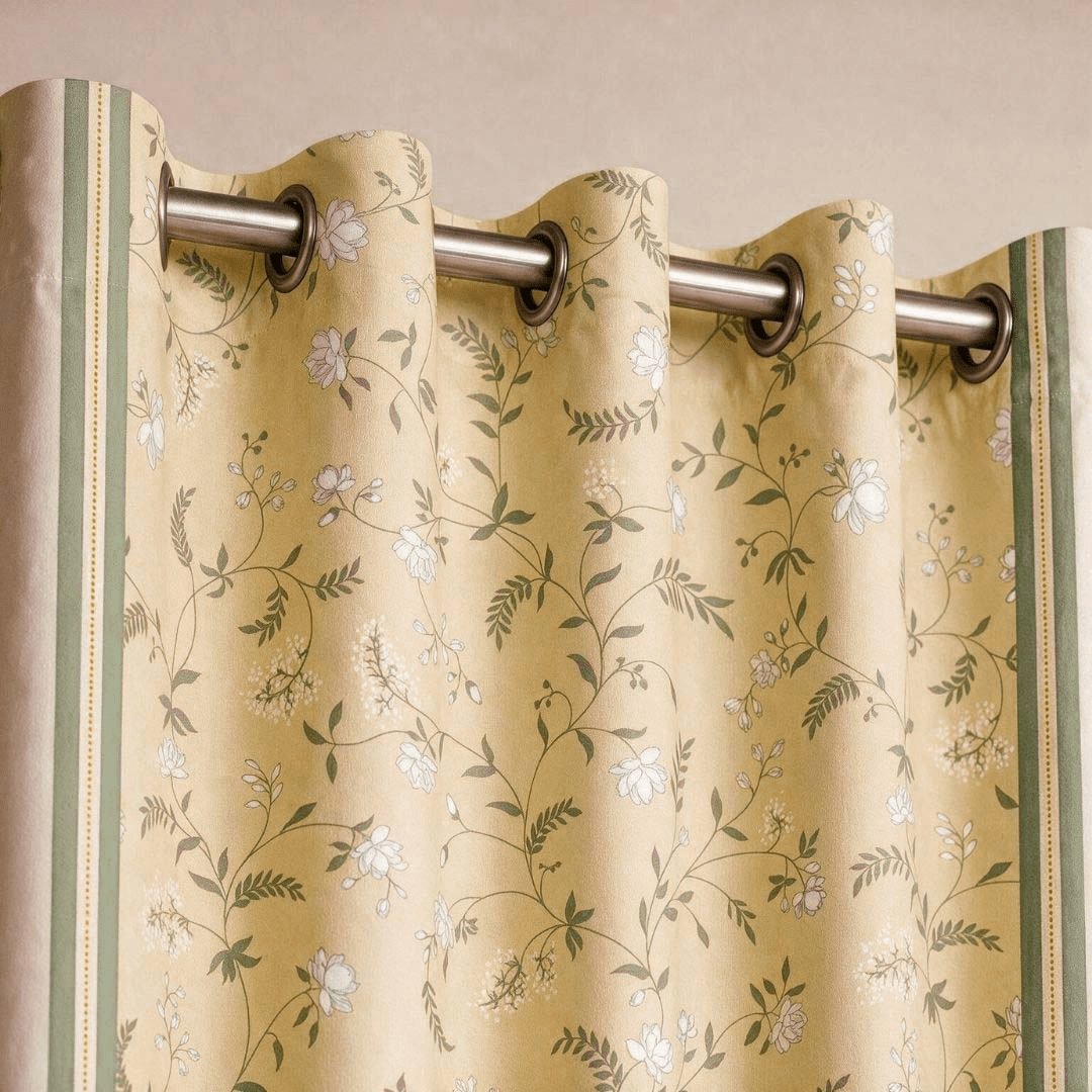 Yellow and White Mogra Floral Curtains in 7 Feet | 60 - 65% Room Darkening | Cotton Blend | Machine Washable