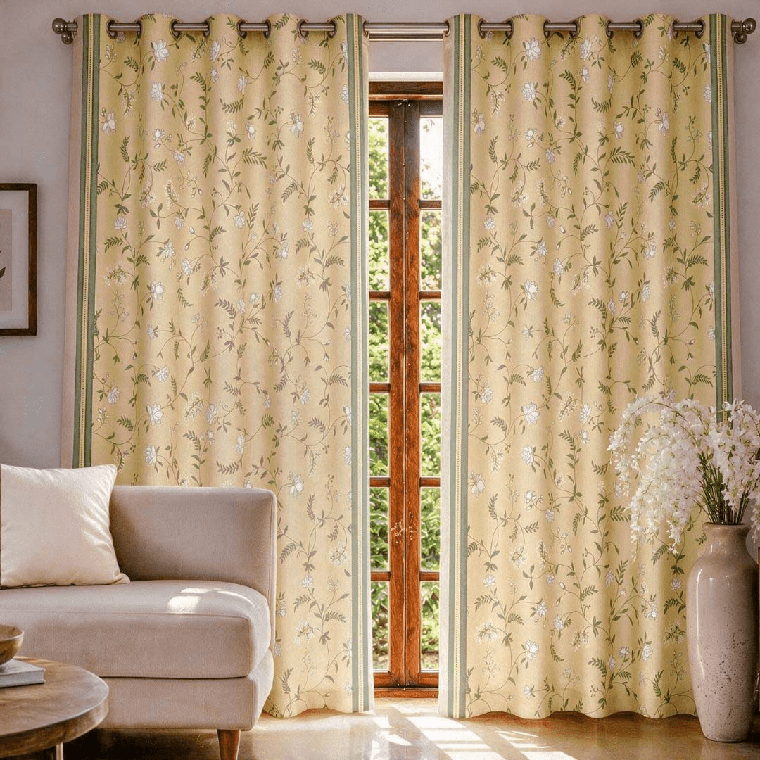 Yellow and White Mogra Floral Curtains in 7 Feet | 60 - 65% Room Darkening | Cotton Blend | Machine Washable