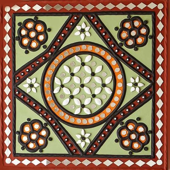 Green patterned handcrafted mud and mirror wall art, adding a rustic and artistic touch