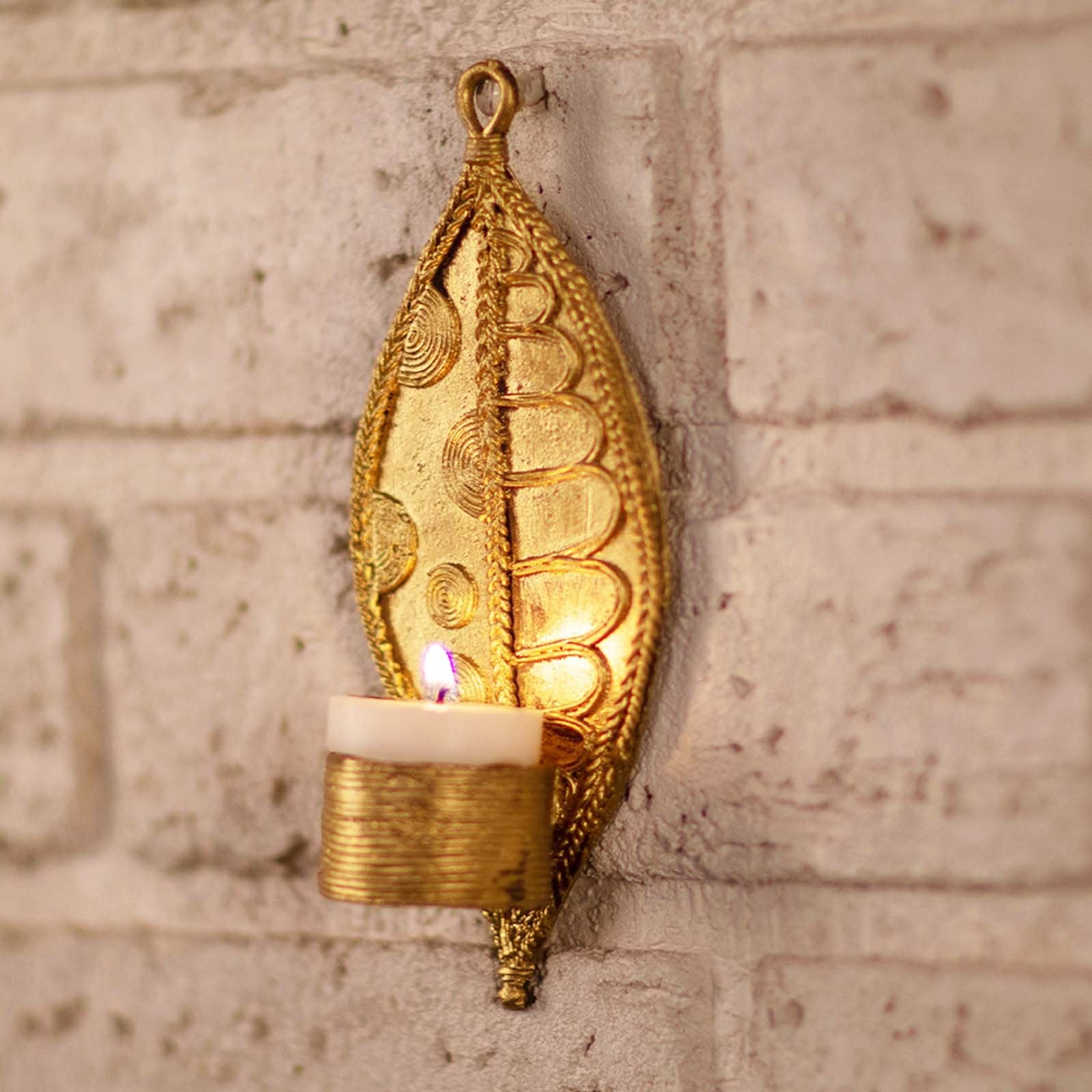 Dhokra Metal Handmade Leaf Tealight Holder (Set of 2)