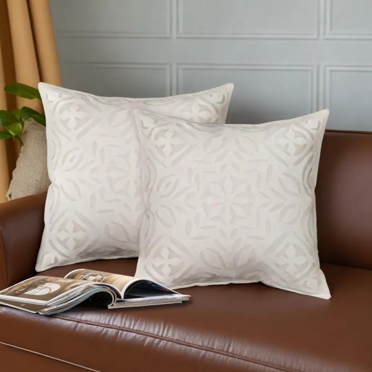 Applique Cotton Cushion Cover in White | 16x16 in | Set of 1,2 and 4