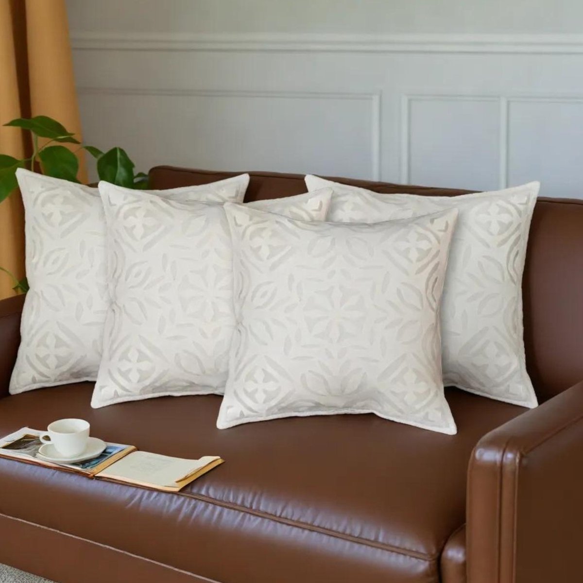 Applique Cotton Cushion Cover in White | 16x16 in | Set of 1,2 and 4