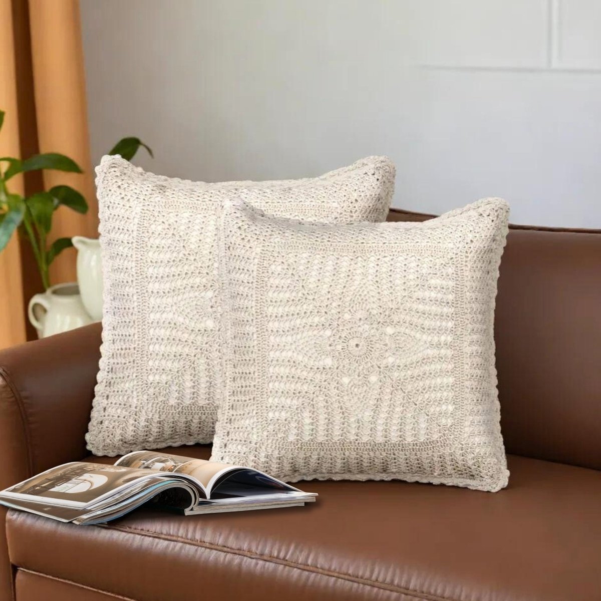 Crochet Cotton Cushion Cover in White | 16x16 in | Set of 1,2 and 4 | Floret Pattern