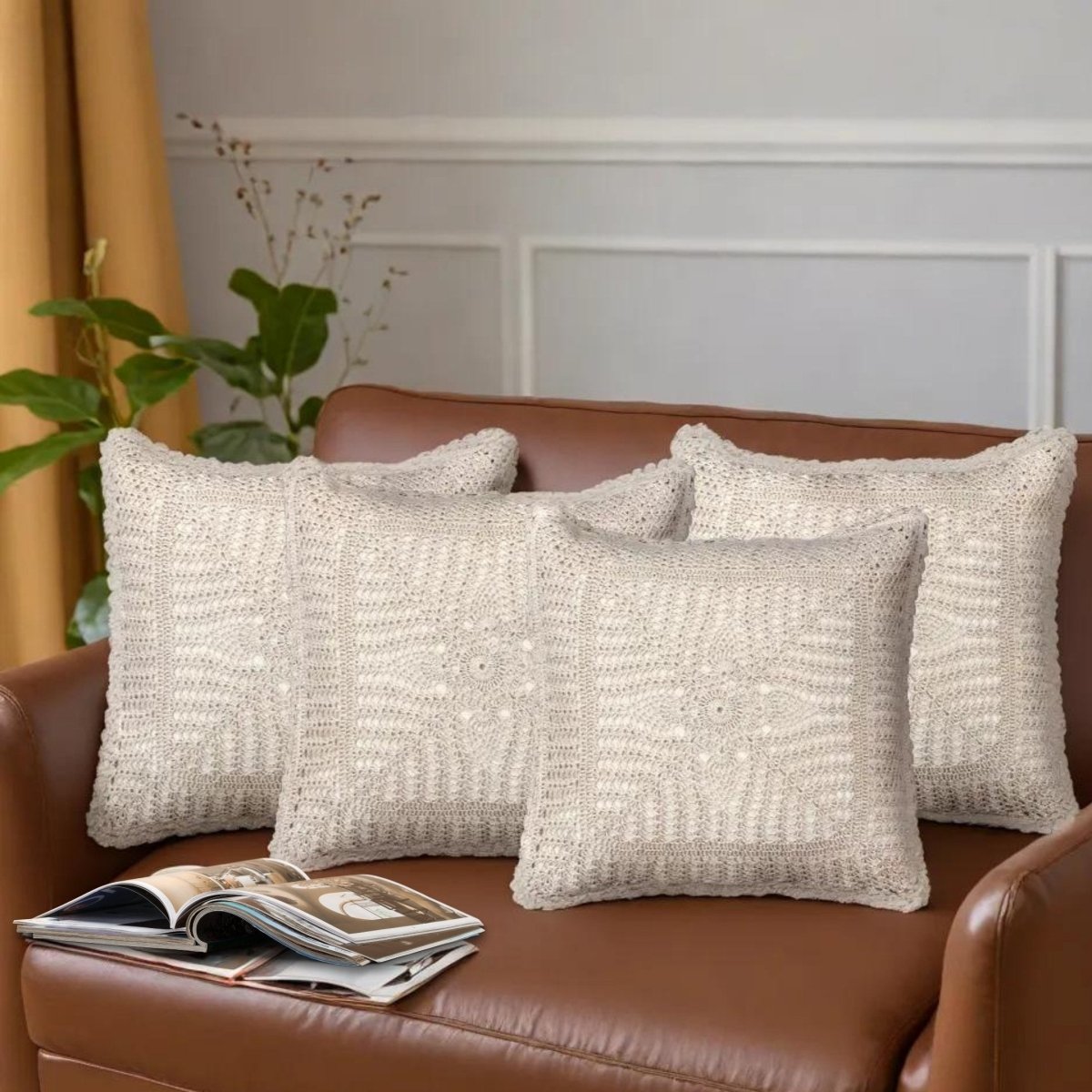 Crochet Cotton Cushion Cover in White | 16x16 in | Set of 1,2 and 4 | Floret Pattern